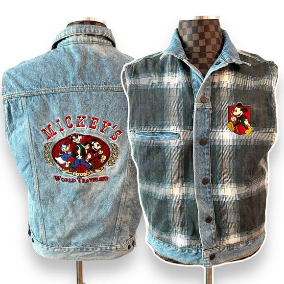 Mickey Mouse Inc World Travelers REVERSIBLE Denim Vest Mens Medium Plaid Vtg 90s - Picture 1 of 13